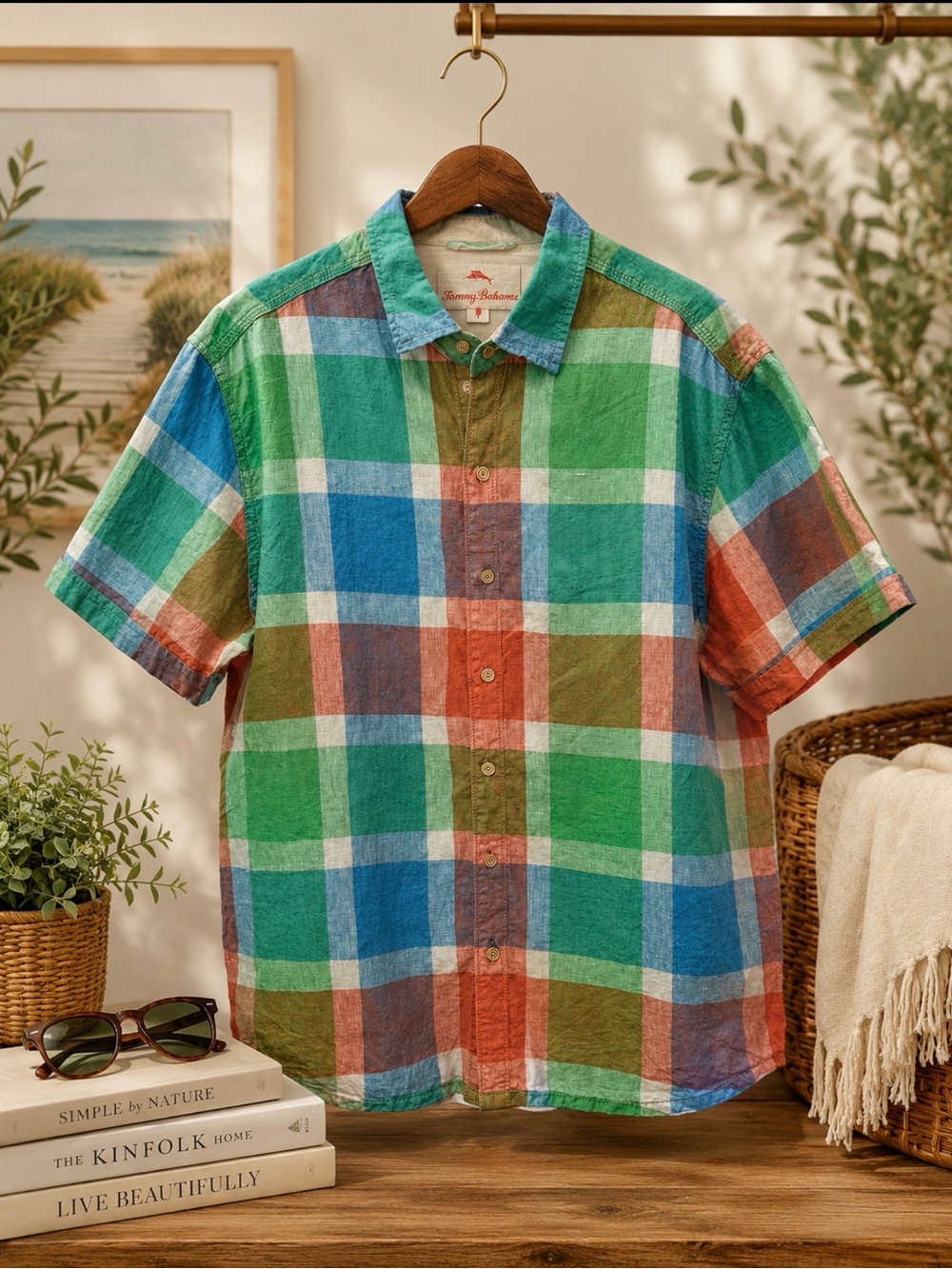 Tommy Bahama Green Blue Orange Plaid Short-Sleeve Button-Up linen Shirt size l